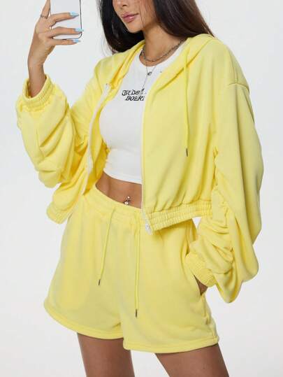 INAWLY Women's Solid Color Sports & Casual Zip-Up Hooded Sweatshirt And Shorts 2pcs Set Fall Cloth For Women