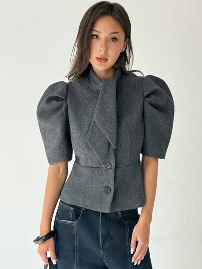 Aloruh 女士灰色短款泡泡袖单排扣蝴蝶结领时尚羊毛大衣秋季女装冬季西装外套深灰色宽肩羊毛大衣和围巾，短款优雅秋冬外套秋季女士秋季所有女士秋季女士秋季女士秋季女士秋季女士冬季女士冬季夹克女士返校节学校老师女士外套别致秋季