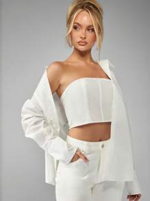 MISSGUIDED Blusa de manga larga con botones y estilo de corsé, camisa blanca oversize, ropa de oficina y de negocios casual, elegante y profesional para otoño e invierno