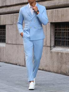 Manfinity Bizformal Men's Solid Color Lapel Neck Long Sleeve Double-Breasted Blazer And Pants Casual Suit Set Light Blue Outfit , Formal, Ceremony - Baby Blue - View 3