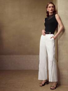 MOTF PREMIUM LINEN CONTRAST TRIM SUIT PANTS - White - View 6