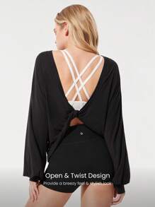 GLOWMODE TENCEL™ 莫代尔丝滑扭纹露背设计灯笼袖口合身下摆长袖上衣日常休闲装