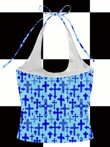 Studio Chunk Women's Summer Fashion Cross Print Backless Halter Top Blue Cross Top Blue Summer Top Blue Crop Top Blue Tops For Women Going Out Tops - Blue - View 2