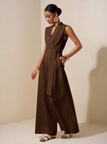 Zivah 2025 Spring/Summer New Apricot Sleeveless Asymmetric Ruched Waist Belt Tie Textured Linen Jumpsuit-B - Brown - View 3