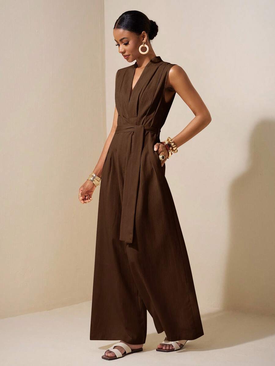 Zivah New Spring/Summer New Apricot Sleeveless Asymmetric Ruched Waist Belt Tie Textured Linen Jumpsuit-B