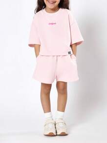 SUMWON Original Logo Girls Two Piece Set Matching Casual Summer Play Outfit Crop Top And Shorts Coordinated Wear Set - Pink - View 1