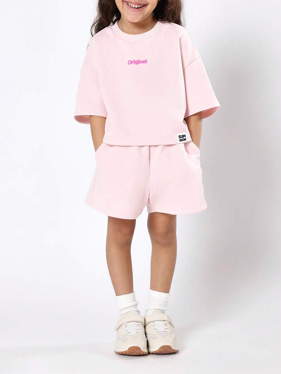 SUMWON Original Logo Girls Two Piece Set Matching Casual Summer Play Outfit Crop Top And Shorts Coordinated Wear Set - Pink - View 1