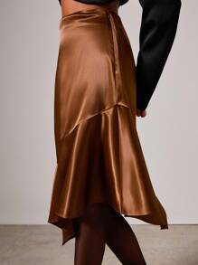 COSMINA Women's Elegant Satin Asymmetrical Skirt, Autumn/Winter - Brown - View 5