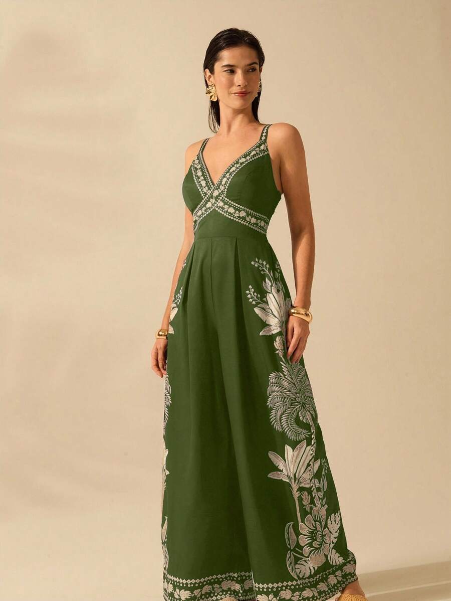 CAJUNI 女式波西米亚风香蕉树和椰子树印花无袖黑色长款连体裤，假日休闲海滩夏季连体裤 - 綠色 - 查看 1