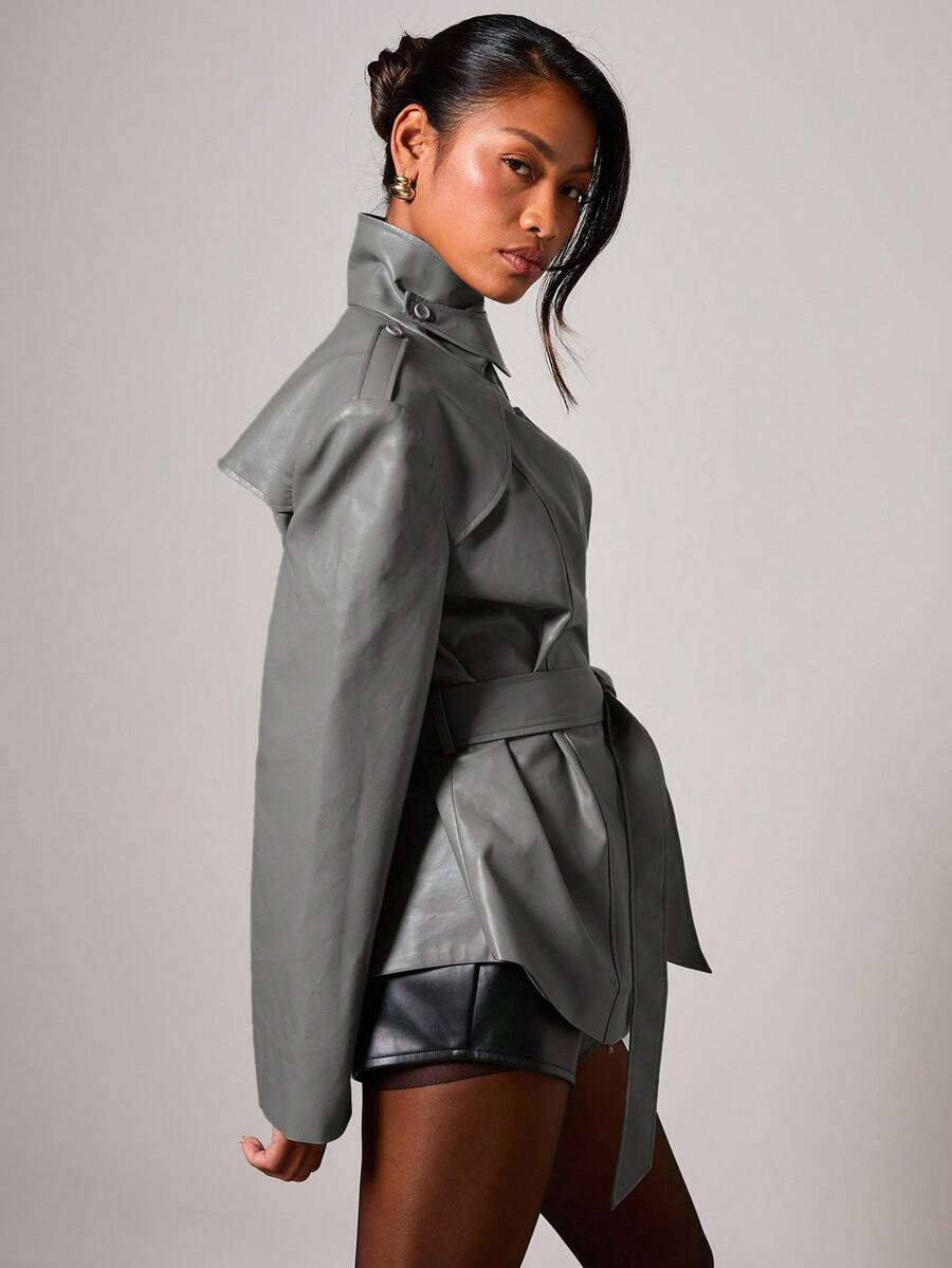 COSMINA Damen elegante Jacke mit hohem Kragen und Taillengürtel, Herbst/Winter