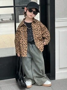 Dazy Kids 秋季幼儿男童休闲宽松豹纹领衬衫 - 卡其色 - 查看 1