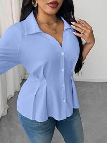 Maweii Blusa elegante plus size de cor sólida com gola franzida na cintura - Azul - Ver 4