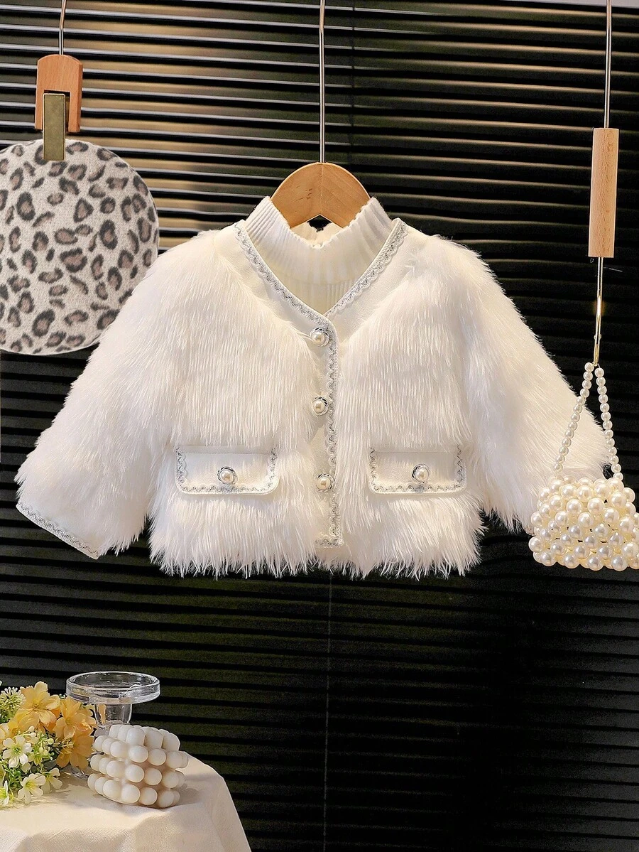 SHEIN Áo khoác tay dài phối túi giả họa tiết hoa trơn màu cho bé gái. Viền áo được trang trí họa tiết hoa, kết hợp với thiết kế túi giả, thanh lịch và phóng khoáng. Kiểu dáng tay dài cổ điển, đơn giản và thời trang. Dù đưa bé đi chơi hay dự tiệc, chiếc áo khoác mềm mại này sẽ giúp bé trở thành tâm điểm chú ý. - trắng - Xem 1