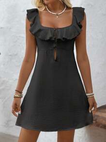 EMERY ROSE Women's Solid Color Patchwork Ruffle Trim Button Design Mini Dress, Vacation Style - Black - View 3