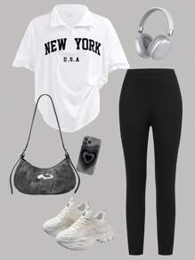 SHEIN Ensemble de 2 pièces pour jeune fille, style streetwear, t-shirt demi-zip avec col et legging noir unicolore, pour le port casual quotidien - Blanc - Voir 9