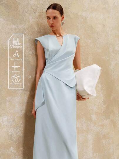 Aveloria 女士梭织面料 V 领褶皱设计不对称下摆腰部修身无袖上衣半身裙优雅休闲天蓝色两件套老款女士返校教师装女士商务休闲装