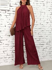 Ellevyn Women's Solid Color Asymmetric Hem Halter Top And Wide Leg Pants Casual 2 Pieces Set - Burgundy - View 3