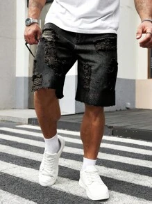 Manfinity LEGND Men's Casual Washed Distressed Denim Shorts Ripped Jean Shorts Men Ripped Shorts, Emo Style - Black - View 5