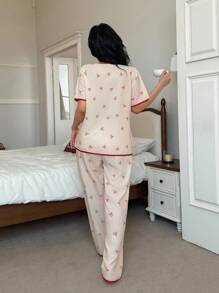 SHEIN 粉色和白色条纹蝴蝶结开衫休闲女士睡衣套装 - 黃色 - 查看 2