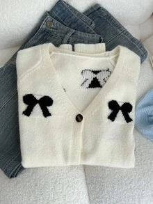 SHEIN 少女蝴蝶结开衫 V 领长袖蝴蝶结针织开衫，休闲日常穿着，冬装圣诞毛衣，春节返校季儿童开衫，蝴蝶结可爱