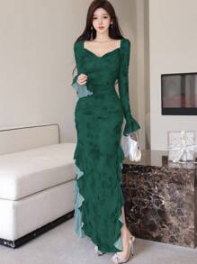 Modelyn 女士网眼花卉印花褶饰荷叶边下摆开衩优雅性感连衣裙 - 墨綠色 - 查看 5