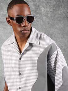 SUMWON Grunge Culture Check Pattern Block Design Crop Shirt Oversized Button Down White Patchwork Grey Panel Loose Fit Urban Street Style High Fashion