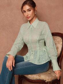SHEIN Unity Grön Elegant Romantisk Broderad Paljett Halvtransparent Blus Med Justerbar Midja Och Rosett Med Dragsko - Grön - Visa 6