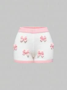 ROMWE Women's Cute Pink 3D Bow Knitted Shorts - White - View 1