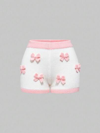 Women's Cute Pink 3D Bow Knitted Shorts