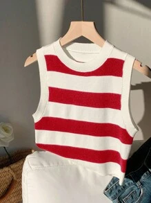 Comfortcana 夏季大码休闲条纹无袖针织上衣 - 紅白色 - 查看 7