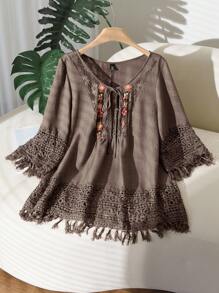 CosyJoli 大码女式花卉图案领结撞色蕾丝宽松时尚衬衫