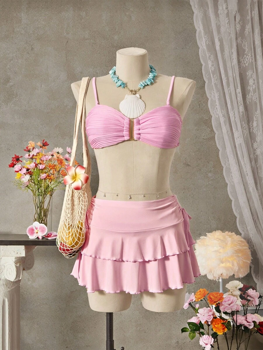 SHEIN Swim 女士 2 件套泳衣套装，细肩带纯色泳衣上衣和三角泳裤 - 粉色 - 查看 1