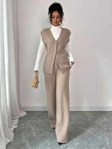 Siren Gaze 2 peças femininas cor sólida decote em V botão cardigan suéter colete e calças terno casual, conjunto confortável, suéter feminino 2 peças roupa outono/inverno - Damasco - Ver 4