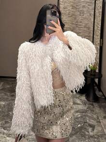 DAZY 女士V领宽松休闲蓬松夹克冬季蓬松外套 - 白色 - 查看 1