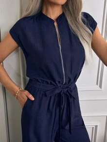 Louniche Casual Minimalist Cinched Waist Women Romper, Summer - Blue - View 6