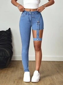 SHEIN Tall Asymmetric Length Tie-Up High Waist Skinny Jeans - Medium Wash - View 3