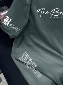 Manfinity Roughcore 夏季大码男士休闲标语印花圆领短袖 T 恤 - 深灰色 - 查看 3