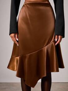 COSMINA Women's Elegant Satin Asymmetrical Skirt, Autumn/Winter - Brown - View 3