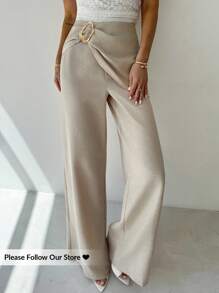 Firerie Quần váy mùa hè mới thanh lịch đơn giản thời trang đi làm vải lanh kỳ nghỉ phụ kiện kim loại quấn phía trước vải lanh sợi tre chất liệu màu mơ - Màu be - Xem 2