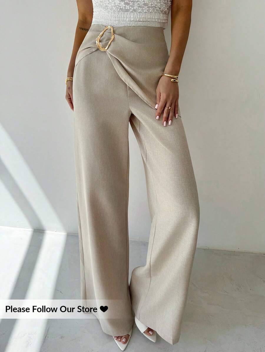 Firerie Quần váy mùa hè mới thanh lịch đơn giản thời trang đi làm vải lanh kỳ nghỉ phụ kiện kim loại quấn phía trước vải lanh sợi tre chất liệu màu mơ