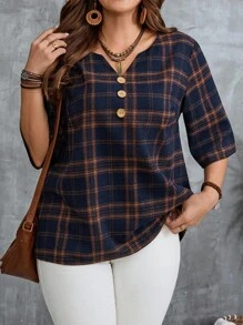 EMERY ROSE Plus Size Casual Plaid Notched Neck Shirt, Fall Women Clothes, Fall Tops Women, Women's Fall Clothes, V Neck Plaid Tops, Suitable For Autumn & Winter Chic Tops,Fall Clothes For Women