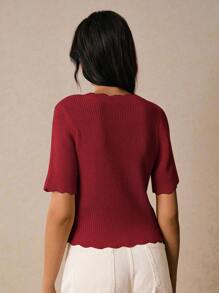 Poéselle 女式纯色弧形下摆短袖单排扣休闲针织上衣 - 紅色 - 查看 3