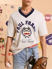 Paul Frank X SHEIN Men's Letter & Cartoon Graphic V-Neck Short Sleeve T-Shirt - Apricot - View 5
