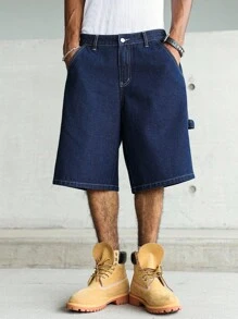 Manfinity Hypemode 男式休闲街头风格多口袋蓝色牛仔工装短裤 - 深色水洗藍 - 查看 5