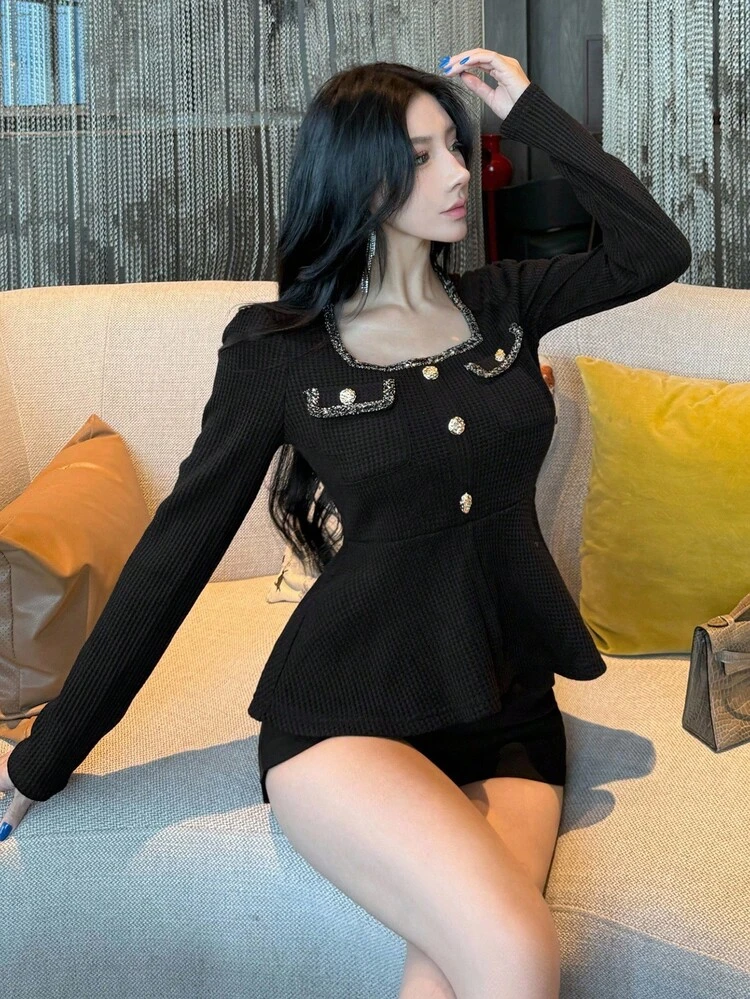 Women's Lace Patchwork Fitted Square Neck Metal Button Cuff Flared Hem Elegant Long Sleeve Top, Autumn/Winter,Fall Women Clothes