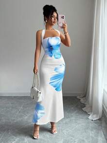 Elenzga Women's 2025 Summer Halter Tie Waist Slim Fit Printed Mid-Length Dress - Blue and White - View 6