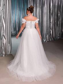 Glamrae 大码优雅浪漫宫廷风格白色露肩贴花装饰上衣，鱼骨奢华亮片串珠网眼拼布 A 字型新娘礼服，搭配拖尾荷叶边裙 - 白色 - 查看 4