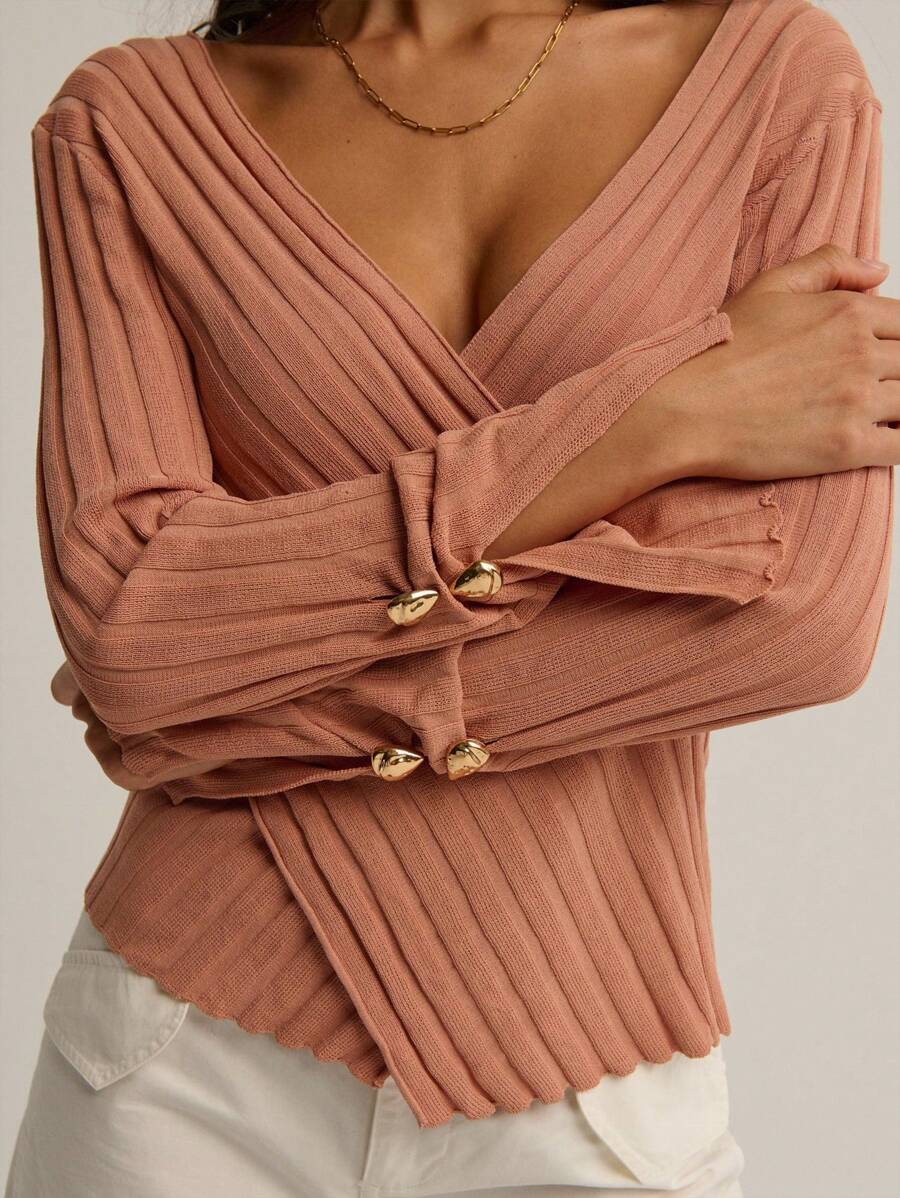 Nöista Áo len quấn màu mơ, dệt gân, cổ chữ V sâu và dáng ôm, hoàn hảo cho phái nữ mùa thu, mùa đông, công sở, thường ngày và mùa tựu trường. - Gỗ đỏ - Xem 1