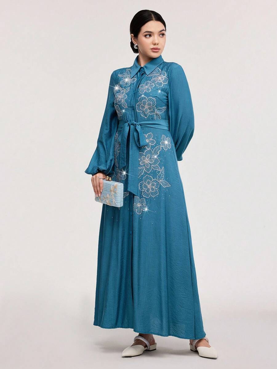 Veilorie 女士优雅花卉刺绣亮片拼接灯笼袖系带长裙，春秋