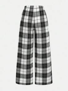 Girlism 青少年女孩格子日常穿着微绒足球/足球运动裤黑白宽腿裤